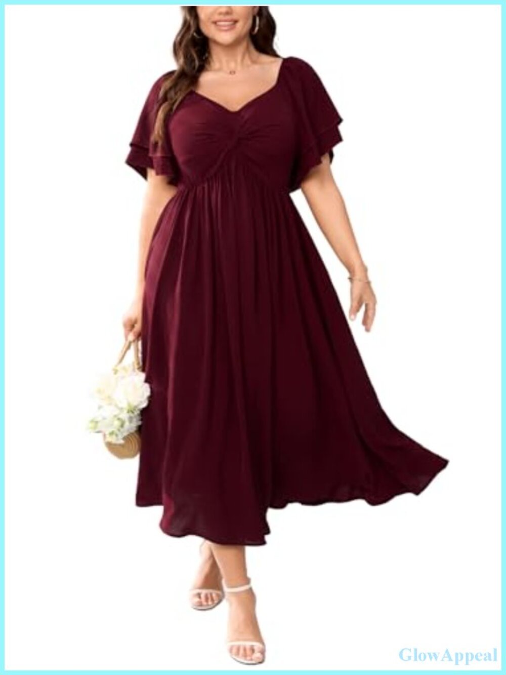 Plus Size Maxi Cocktail Dress Sweetheart Neckline Ruffle Sleeve Smocked Back